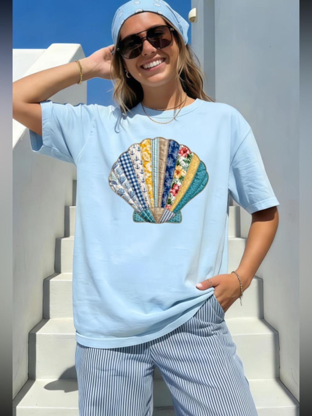 1219. Light Blue faux Patchwork Seashell Graphic Tee 🐚 State Of Fashion
